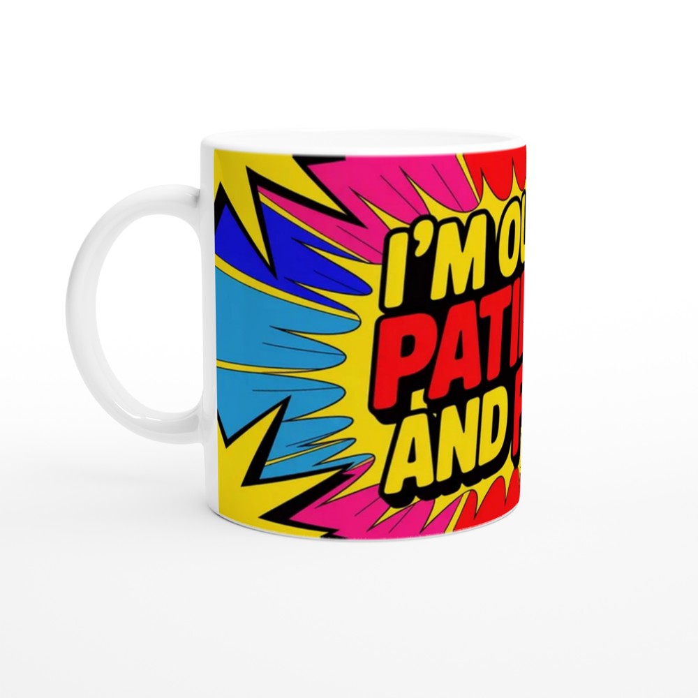 Funny Sarcastic Mug | Out Of Patience Neon Pop Art Coffee Cup | Gift for Best Friend or Colleague — view 10