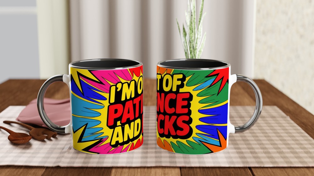 Funny Sarcastic Mug | Out Of Patience Neon Pop Art Coffee Cup | Gift for Best Friend or Colleague — view 9