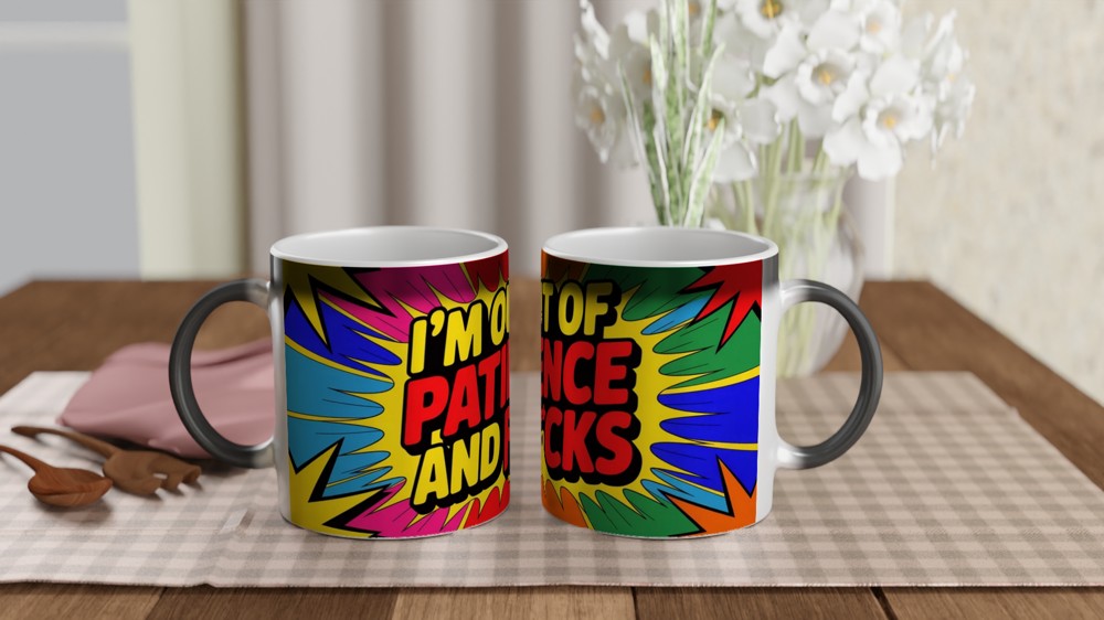 Funny Sarcastic Mug | Out Of Patience Neon Pop Art Coffee Cup | Gift for Best Friend or Colleague — view 3