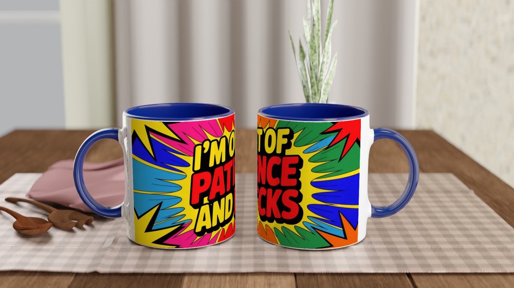 Funny Sarcastic Mug | Out Of Patience Neon Pop Art Coffee Cup | Gift for Best Friend or Colleague — view 4