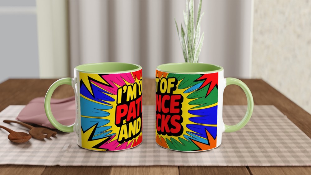 Funny Sarcastic Mug | Out Of Patience Neon Pop Art Coffee Cup | Gift for Best Friend or Colleague — view 5