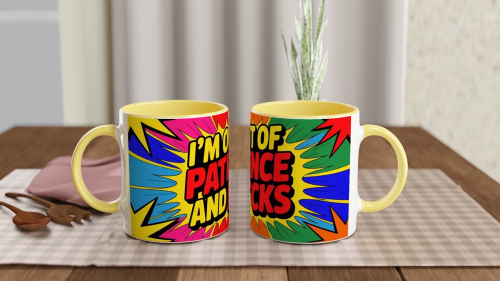 Funny Sarcastic Mug | Out Of Patience Neon Pop Art Coffee Cup | Gift for Best Friend or Colleague — view 8