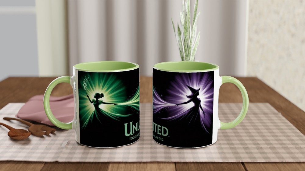 Wicked Musical Mug | Elphaba and Glinda Silhouette | Theatre Lover Gift | Emerald City Green and Purple Present — view 5