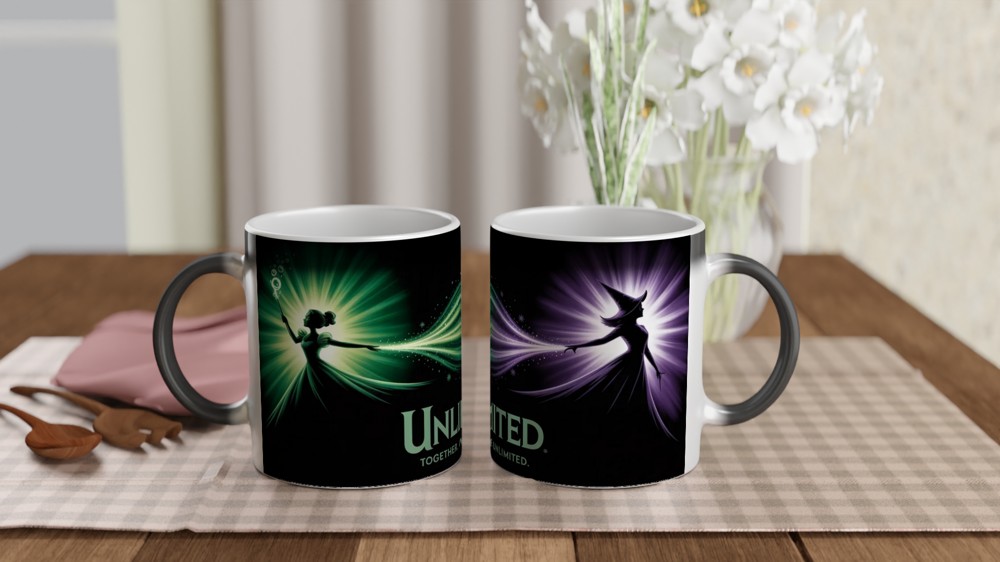 Wicked Musical Mug | Elphaba and Glinda Silhouette | Theatre Lover Gift | Emerald City Green and Purple Present — view 3