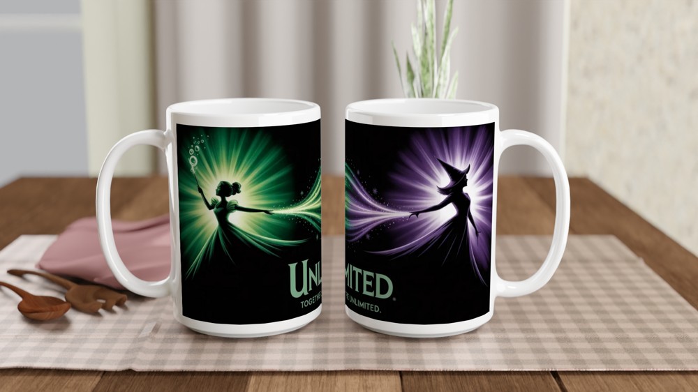 Wicked Musical Mug | Elphaba and Glinda Silhouette | Theatre Lover Gift | Emerald City Green and Purple Present — view 2