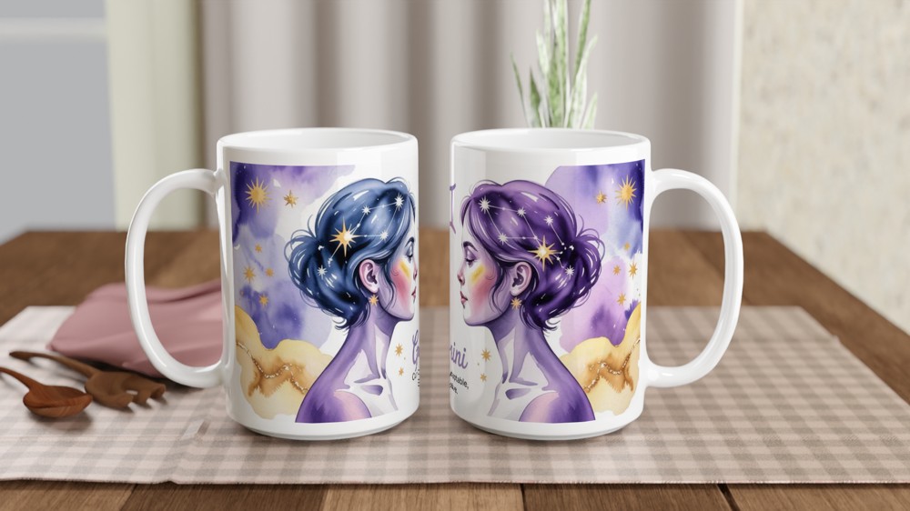 Gemini Mug | Astrology Star Sign Gift for Her | Lavender Celestial Watercolour Cup | Gemini Birthday Present for Best Friend — view 2