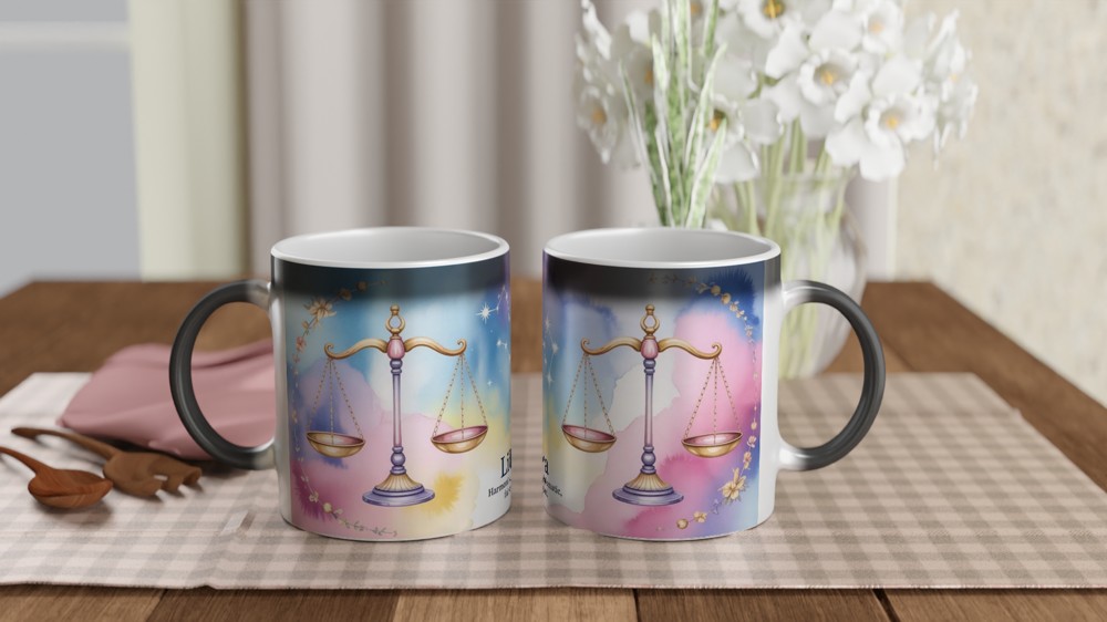 Libra Zodiac Mug | Pastel Watercolor Astrology Gift | Star Sign Present for Her or Him | Harmonious and Fair-Minded Scales Design — view 3