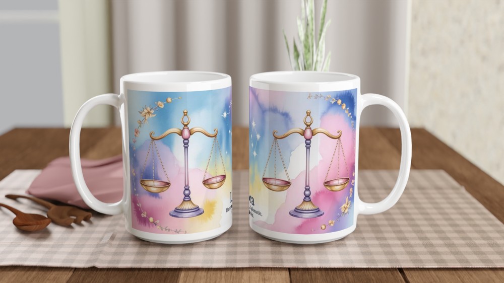 Libra Zodiac Mug | Pastel Watercolor Astrology Gift | Star Sign Present for Her or Him | Harmonious and Fair-Minded Scales Design — view 2