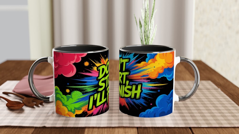 Don't Start I'll Finish Mug | Sassy Quote Gift | Neon Ink Explosion Coffee Mug | Funny Present for Best Friend — view 9