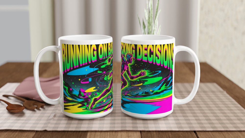 Running On Bad Fcking Decisions Neon Runner Mug — view 2