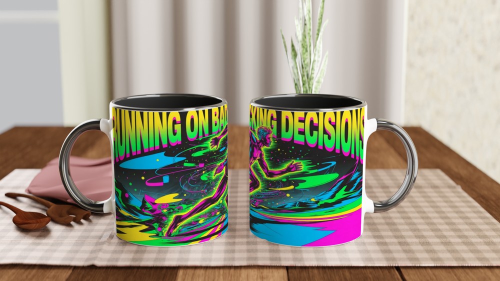 Running On Bad Fcking Decisions Neon Runner Mug — view 9