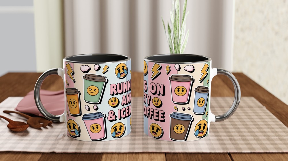 Iced Coffee Mug | Running on Anxiety Quote | Funny Coffee Lover Gift | Pastel Grunge Sticker Bomb Present for Her — view 9