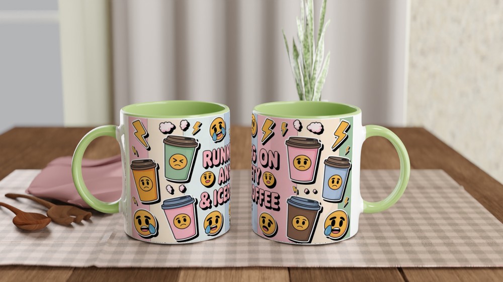 Iced Coffee Mug | Running on Anxiety Quote | Funny Coffee Lover Gift | Pastel Grunge Sticker Bomb Present for Her — view 5