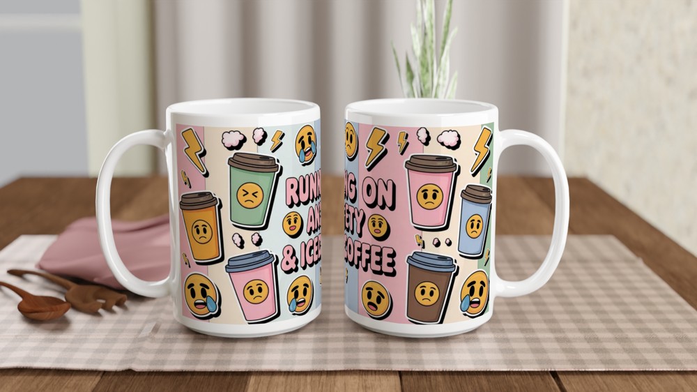 Iced Coffee Mug | Running on Anxiety Quote | Funny Coffee Lover Gift | Pastel Grunge Sticker Bomb Present for Her — view 2