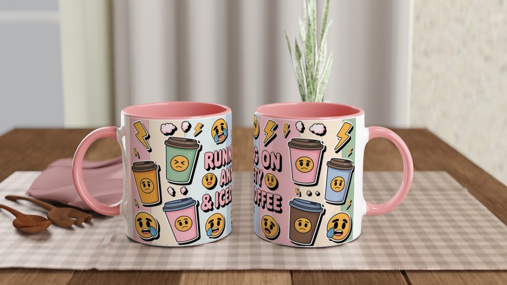 Iced Coffee Mug | Running on Anxiety Quote | Funny Coffee Lover Gift | Pastel Grunge Sticker Bomb Present for Her — view 6
