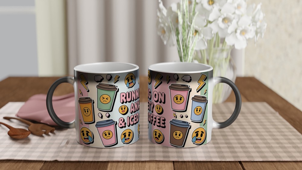 Iced Coffee Mug | Running on Anxiety Quote | Funny Coffee Lover Gift | Pastel Grunge Sticker Bomb Present for Her — view 3