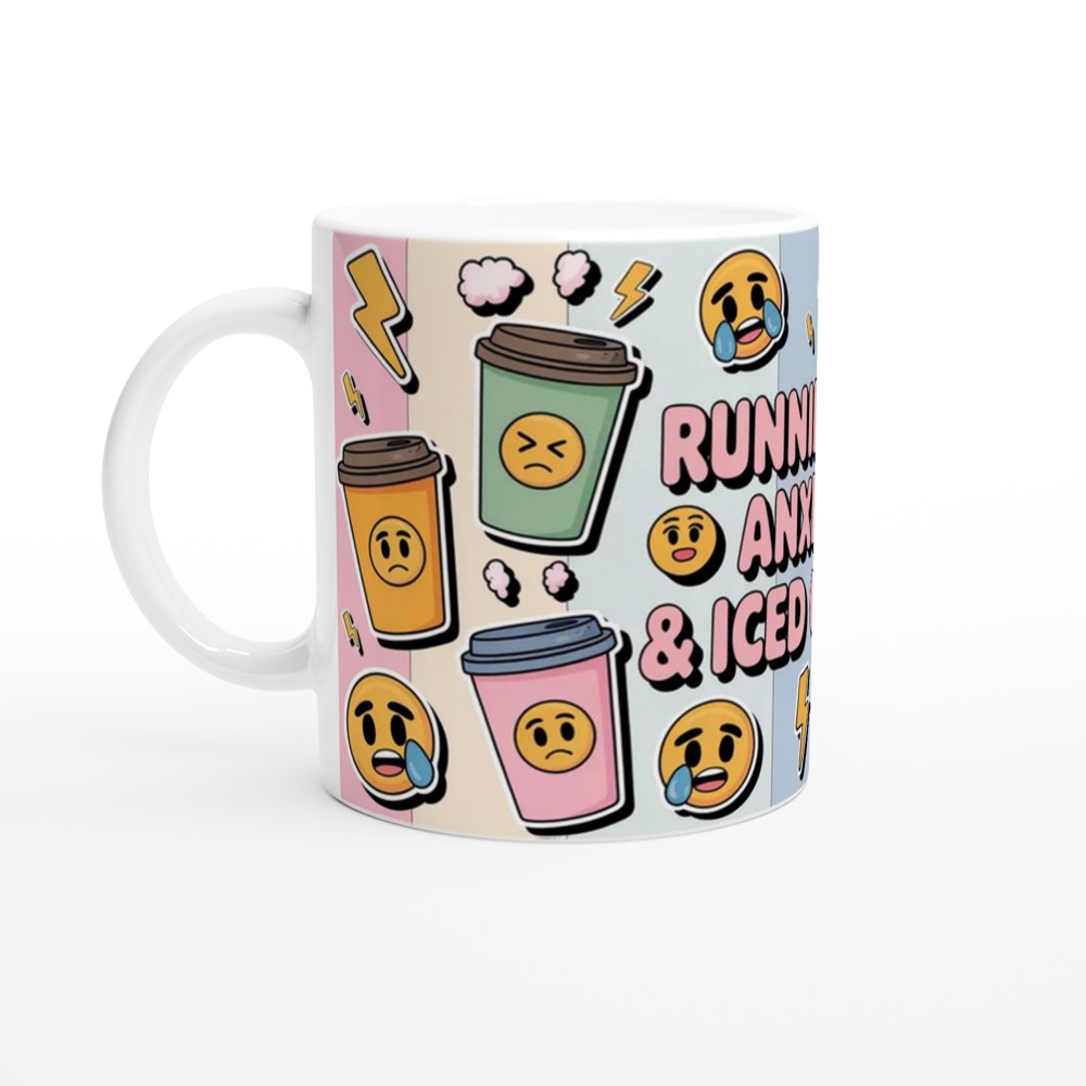 Iced Coffee Mug | Running on Anxiety Quote | Funny Coffee Lover Gift | Pastel Grunge Sticker Bomb Present for Her — view 10