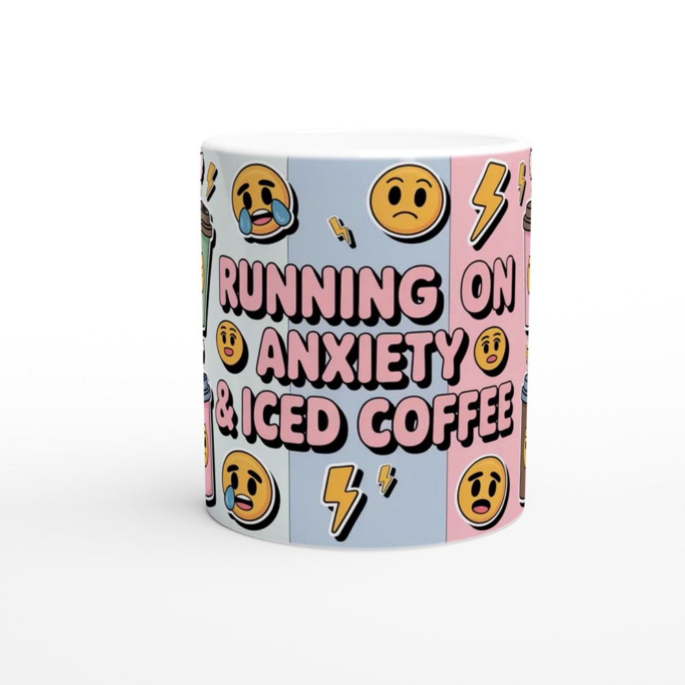 Iced Coffee Mug | Running on Anxiety Quote | Funny Coffee Lover Gift | Pastel Grunge Sticker Bomb Present for Her — view 11