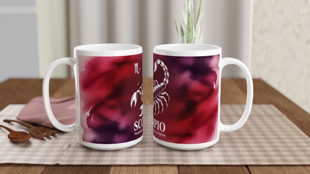 Scorpio Mug | Astrology Zodiac Gift | Crimson Watercolour Scorpion Cup | Birthday Present for Scorpio Men and Women — view 2