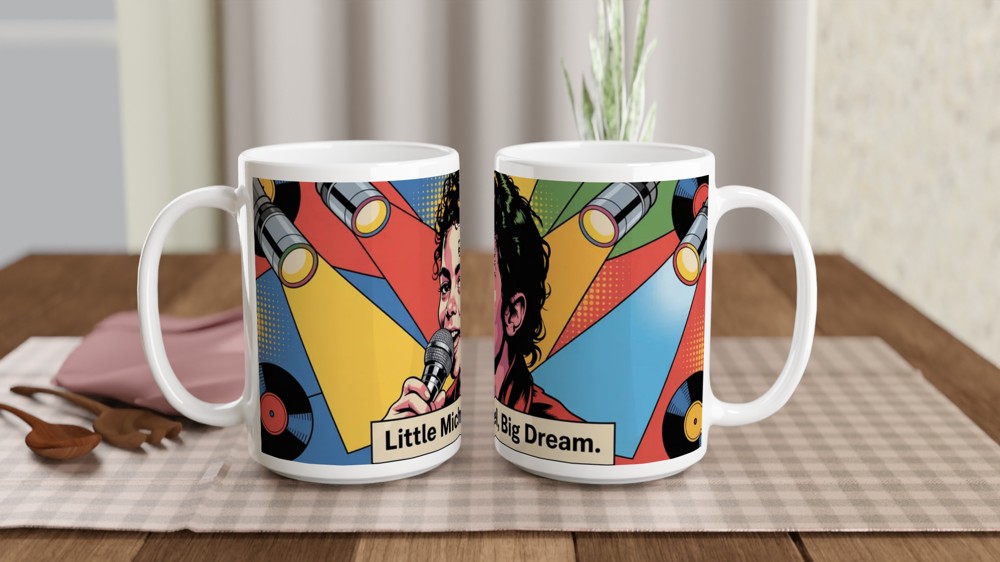 MJ the Musical Mug | Little Michael Big Dream Quote | Musical Theatre Gift | Retro Pop Art Coffee Cup — view 2