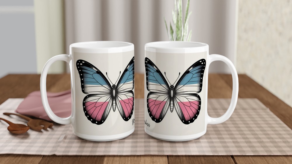Trans Pride Mug | Metamorphosis Butterfly Gift | Vintage LGBTQ+ Pride Present | Transgender Pride Mug for Friends — view 2