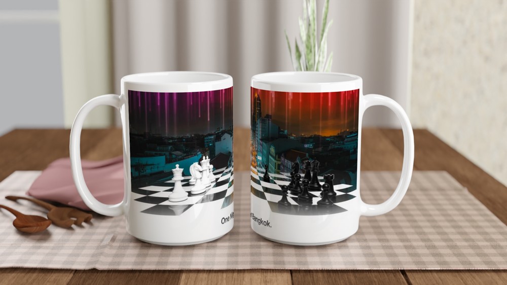 One Night in Bangkok Mug | Chess Musical Theatre Gift | Neon Skyline Coffee Cup for Theatre Lovers | Birthday Present for Him or Her — view 2