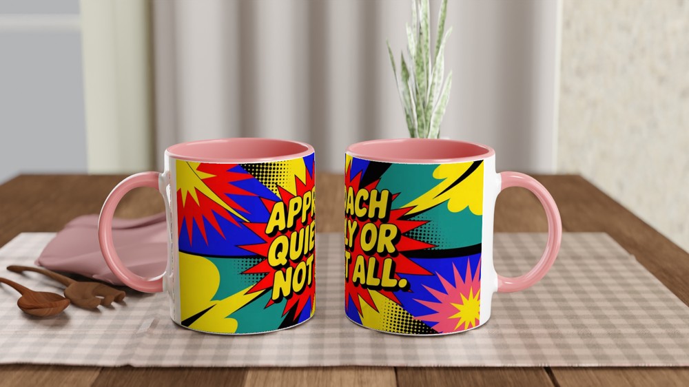 Introvert Gift Mug | Approach Quietly Or Not At All | Funny Office Colleague Present | Sassy Neon Pop Art Coffee Cup — view 6