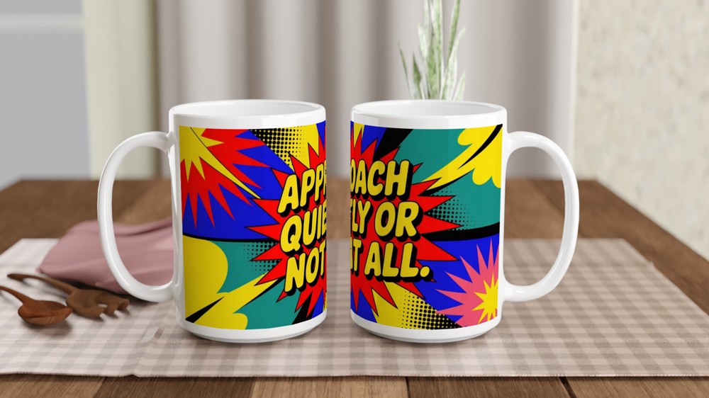 Introvert Gift Mug | Approach Quietly Or Not At All | Funny Office Colleague Present | Sassy Neon Pop Art Coffee Cup — view 2