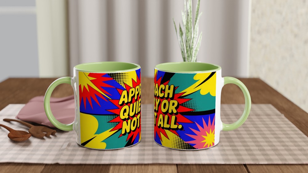 Introvert Gift Mug | Approach Quietly Or Not At All | Funny Office Colleague Present | Sassy Neon Pop Art Coffee Cup — view 5