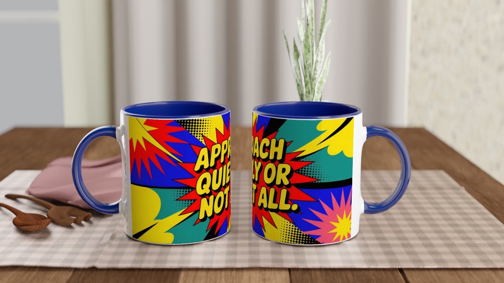Introvert Gift Mug | Approach Quietly Or Not At All | Funny Office Colleague Present | Sassy Neon Pop Art Coffee Cup — view 4