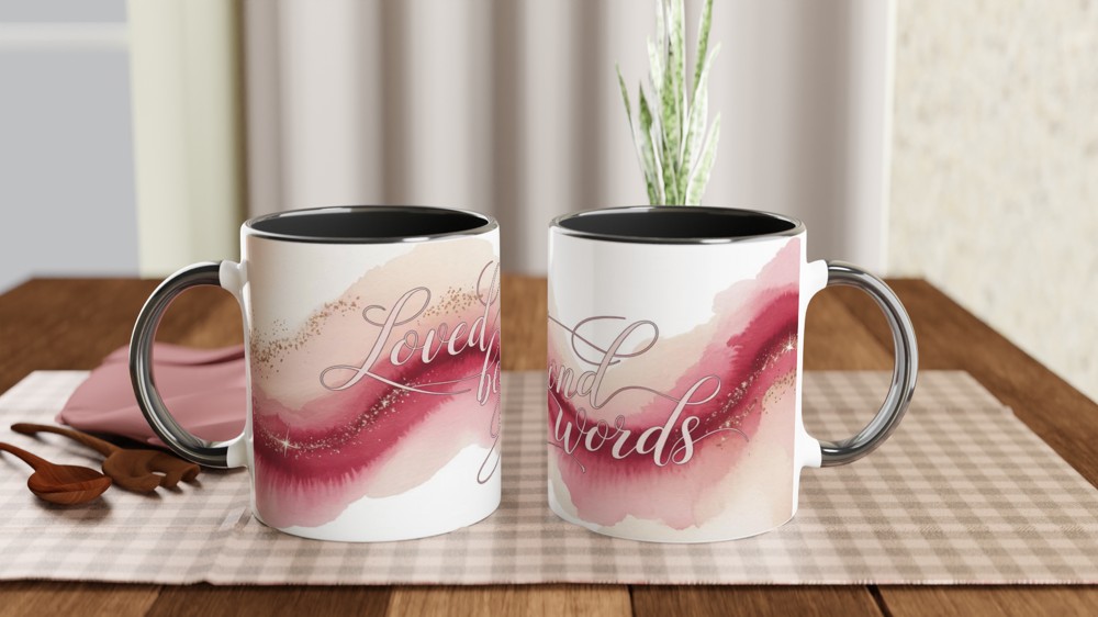 Loved Beyond Words Pink Watercolour Calligraphy Mug — view 9