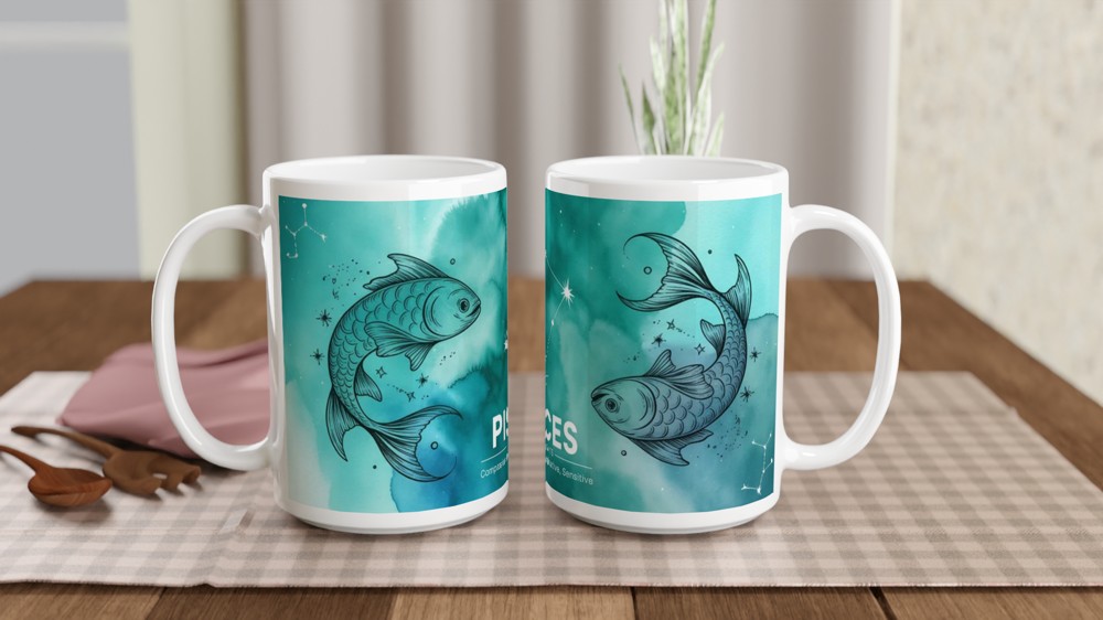 Pisces Mug | Teal Watercolour Astrology Gift | Pisces Star Sign Present | Birthday Gift for Her, Him or Best Friend — view 2