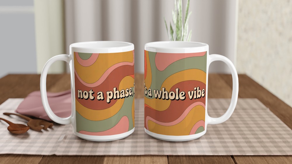 Retro Groovy Mug | Not A Phase It's A Whole Vibe Quote | 70s Psychedelic Swirl Gift for Her | Best Friend Birthday Present — view 2