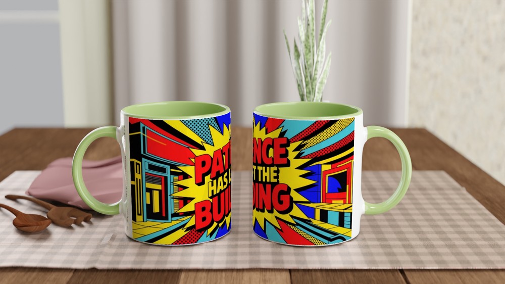 Sarcastic Quote Mug | My Patience Has Left The Building | Funny Colleague Gift | Neon Pop Art Office Coffee Cup — view 5