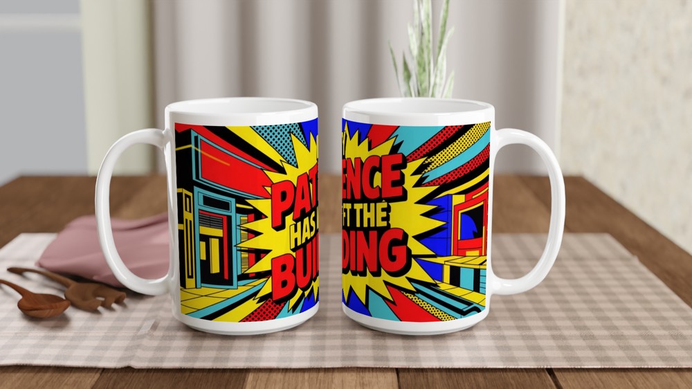 Sarcastic Quote Mug | My Patience Has Left The Building | Funny Colleague Gift | Neon Pop Art Office Coffee Cup — view 2
