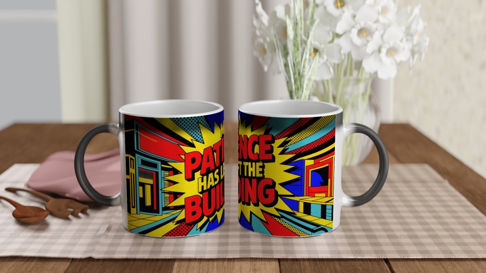 Sarcastic Quote Mug | My Patience Has Left The Building | Funny Colleague Gift | Neon Pop Art Office Coffee Cup — view 3
