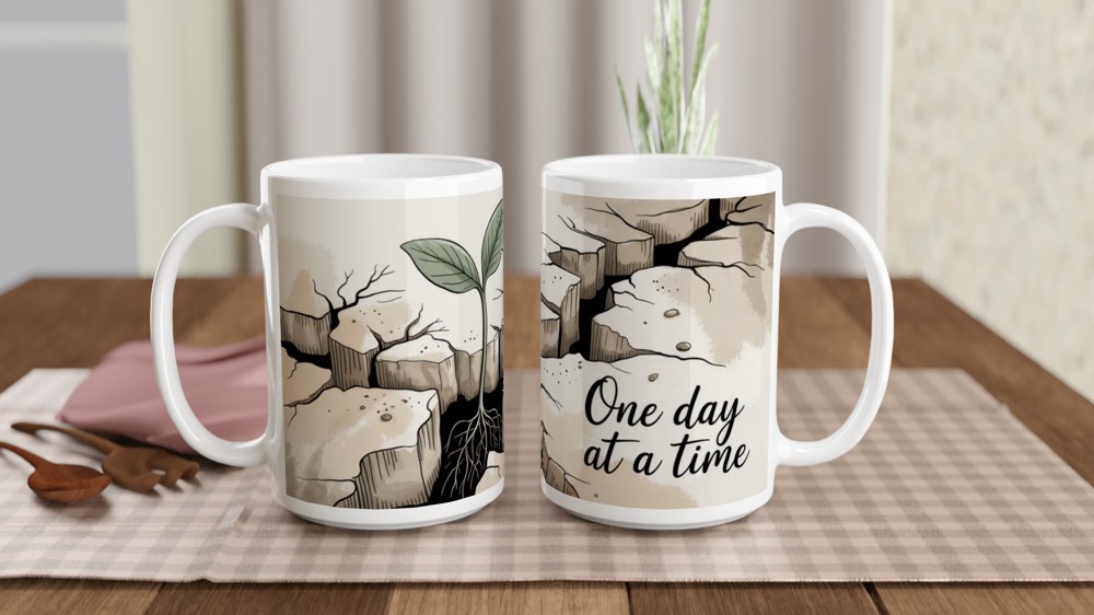 One Day At A Time Seedling Growing Through Rock Motivational Mug — view 2