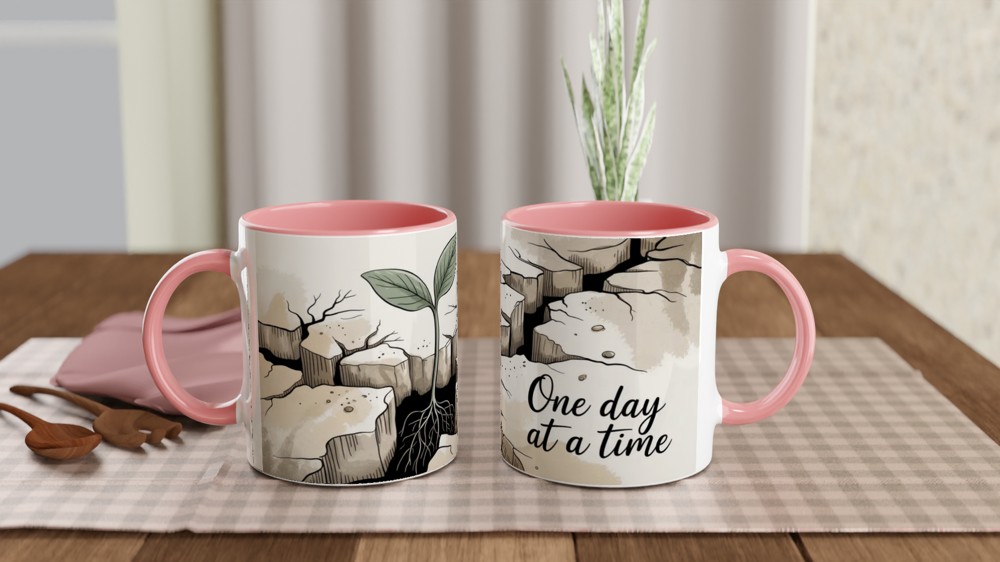 One Day At A Time Seedling Growing Through Rock Motivational Mug — view 6