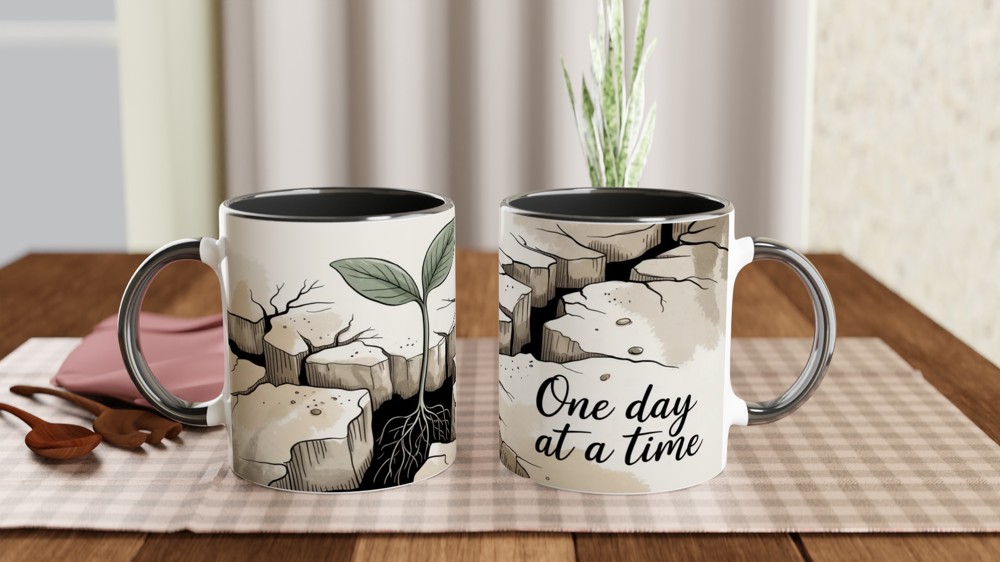 One Day At A Time Seedling Growing Through Rock Motivational Mug — view 9