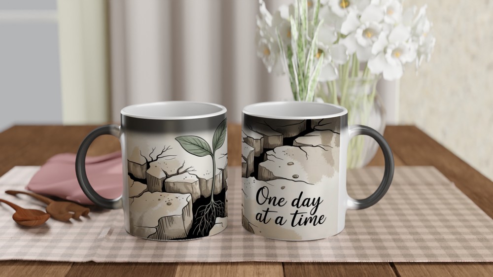 One Day At A Time Seedling Growing Through Rock Motivational Mug — view 3