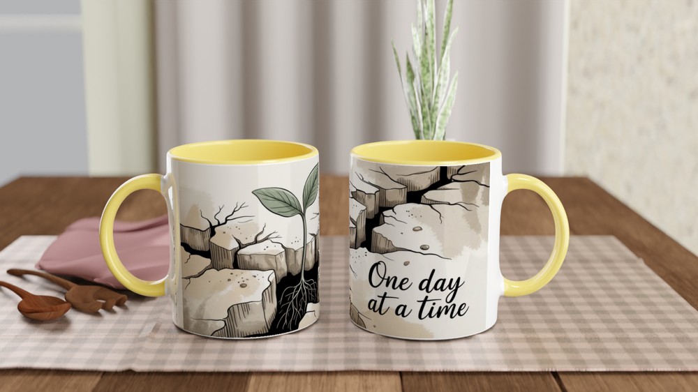 One Day At A Time Seedling Growing Through Rock Motivational Mug — view 8