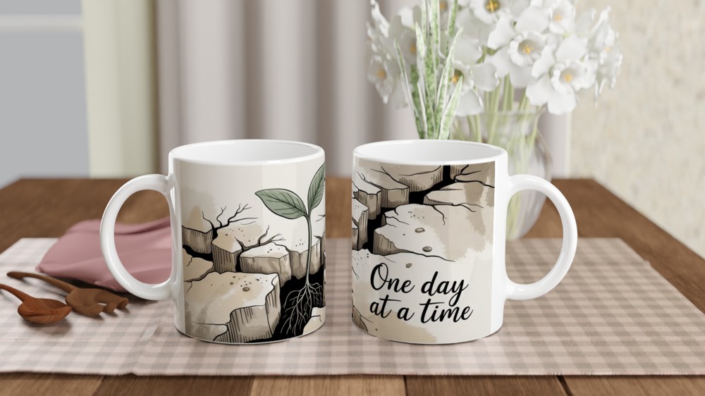 One Day At A Time Seedling Growing Through Rock Motivational Mug