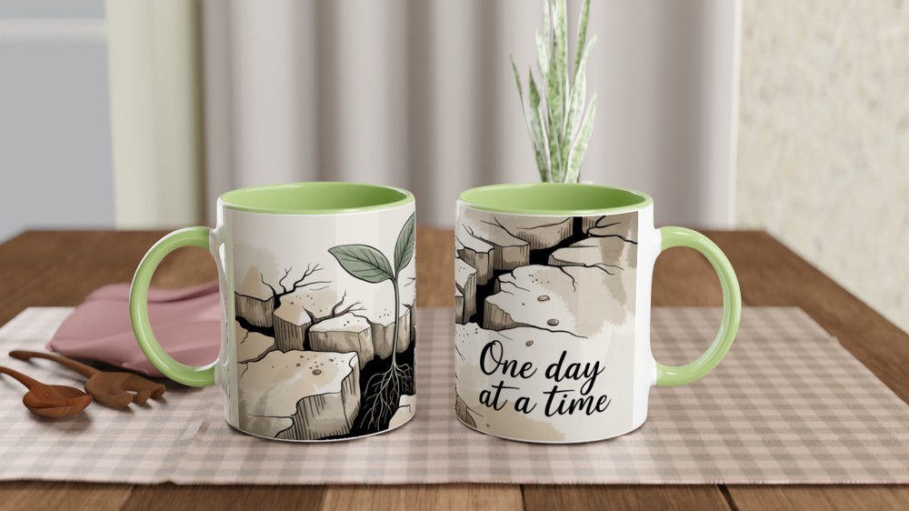 One Day At A Time Seedling Growing Through Rock Motivational Mug — view 5