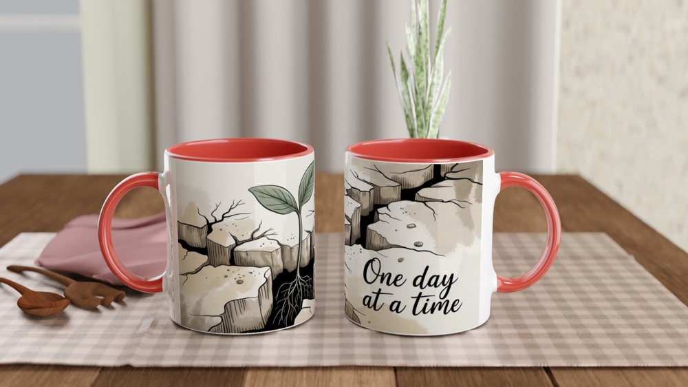 One Day At A Time Seedling Growing Through Rock Motivational Mug — view 7