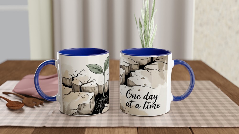 One Day At A Time Seedling Growing Through Rock Motivational Mug — view 4
