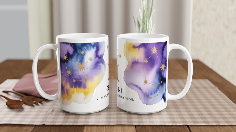 Gemini Zodiac Mug | Celestial Astrology Gift | Birthday Present for Her and Him | Watercolor Constellation Mug — view 2