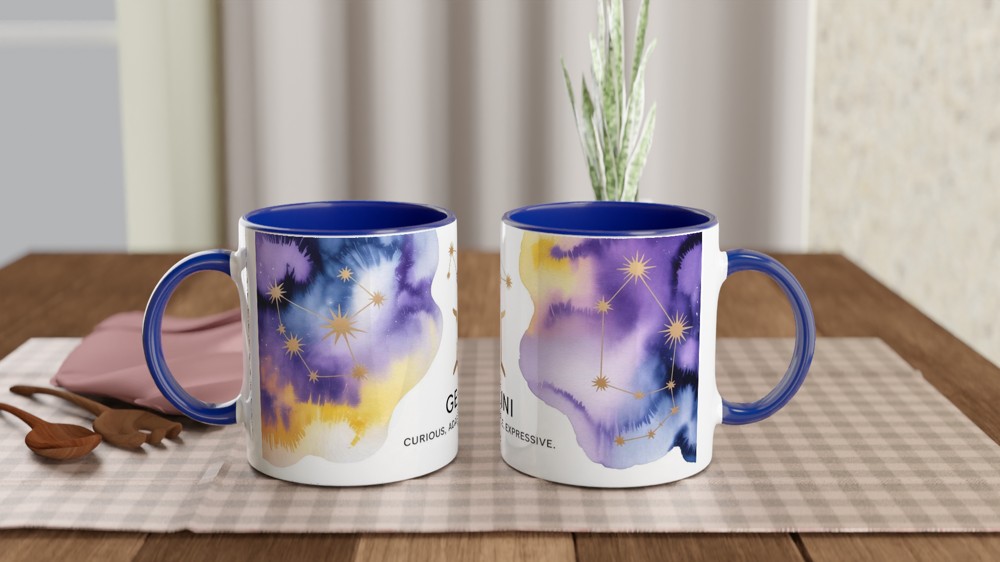 Gemini Zodiac Mug | Celestial Astrology Gift | Birthday Present for Her and Him | Watercolor Constellation Mug — view 4