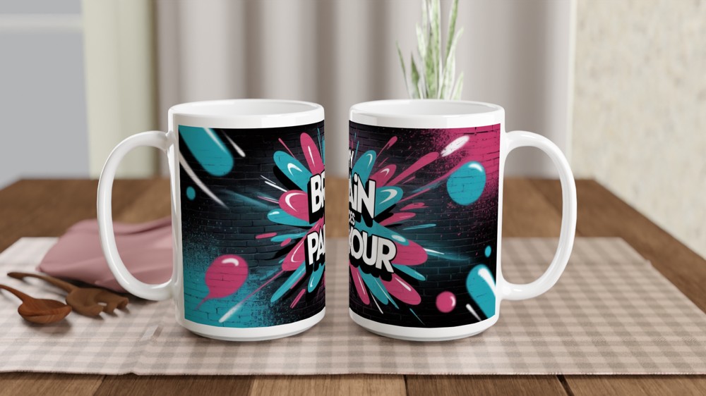 My Brain Does Parkour Mug | Neurodiversity Gift | Funny ADHD Present for Him or Her | Graffiti Street Art Style Coffee Cup — view 2