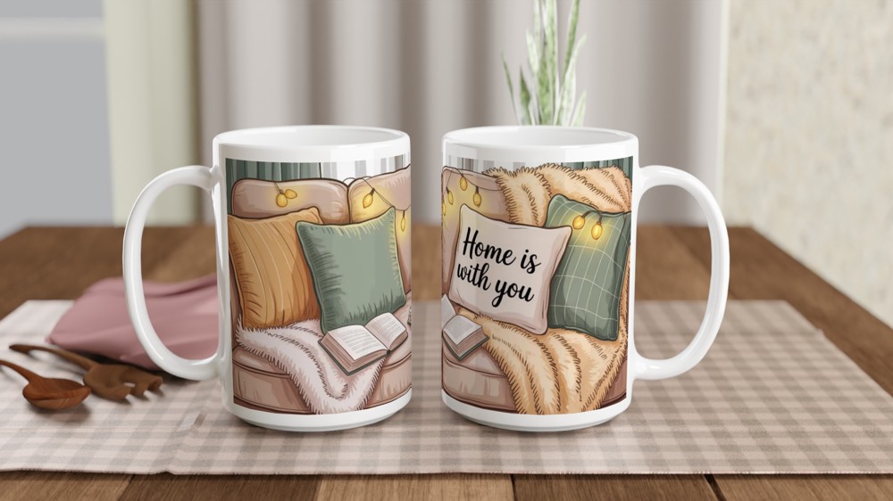 Home Is With You Mug | Cosy Couple Anniversary Gift | Cute Valentines Day Present for Partner | Lived-In Sofa and Fairy Lights Mug — view 2