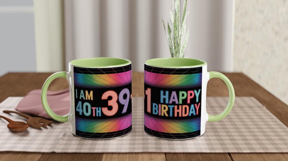 40th Birthday Mug | 39 + 1 Retro Neon Grid Design | Milestone Birthday Gift for Her and Him | Funny Fortieth Mug for Best Friend — view 5